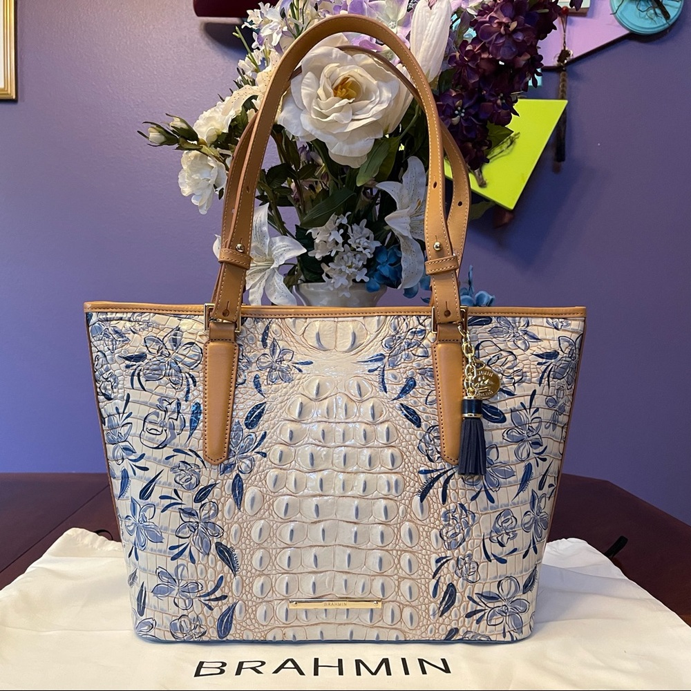 🌺 🌺 HARD TO FIND! NWT Brahmin Indigo Palaminto Floral Medium Asher Tote Bag